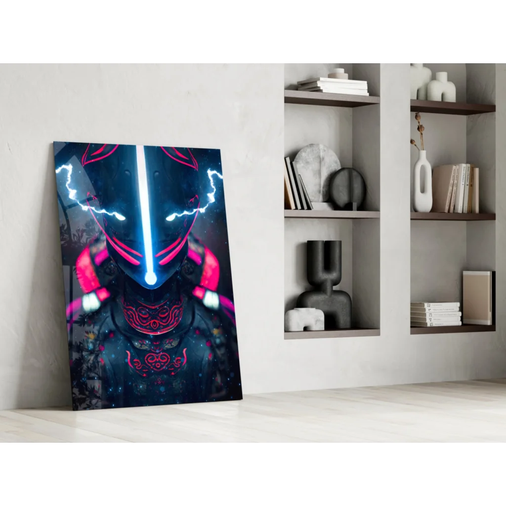 Vibrant Neon Samurai Lightning Bolt Glass Wall Art Poster