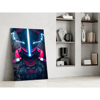 Vibrant Neon Samurai Lightning Bolt Glass Wall Art Poster