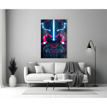 Vibrant blue and pink lightning bolt on Neon Samurai glass wall art poster