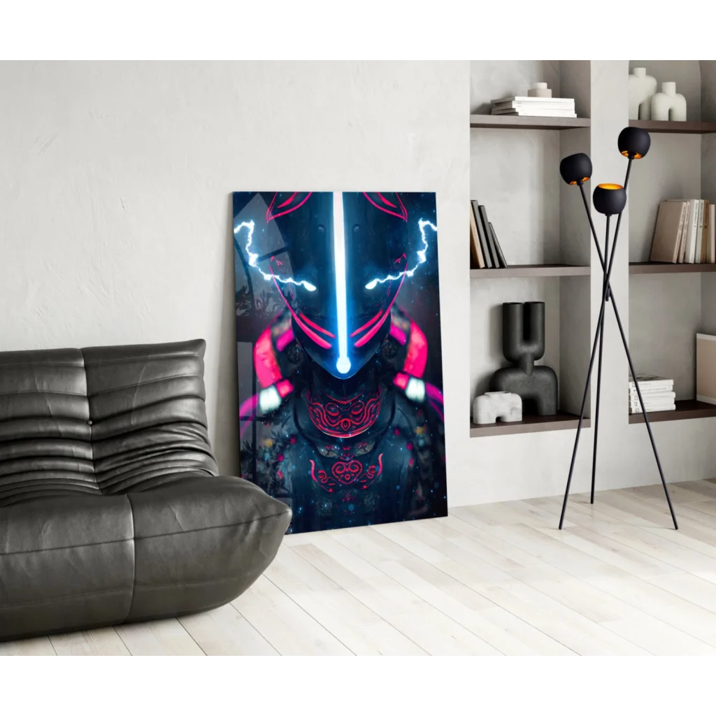 Neon-lit robot in Neon Samurai Lightning Bolt glass wall art poster