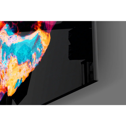Neon fireball skull abstract glass wall art with fiery colors