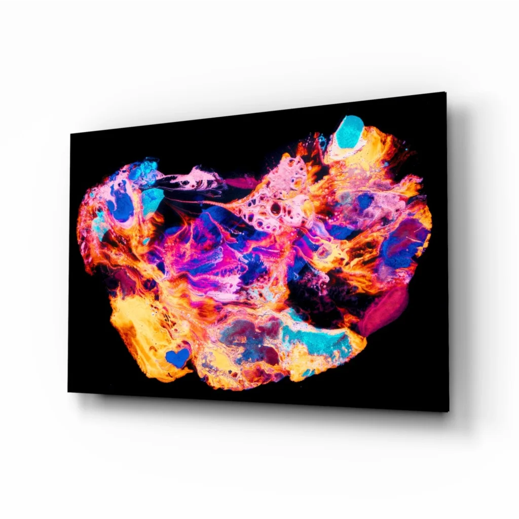 Vibrant neon skull abstract canvas wall art print with fiery colors on black background