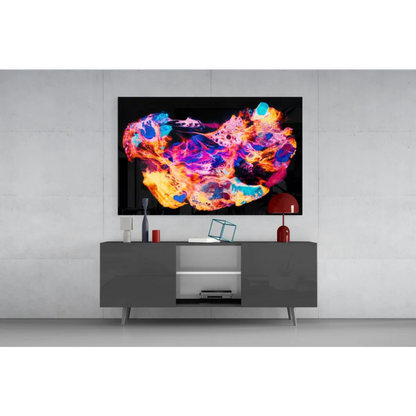 Samsung QLED TV displaying Neon Skull abstract wall art in fiery colors