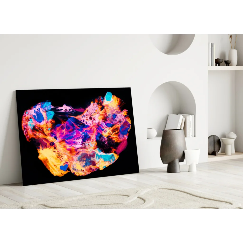 Neon skull abstract wall art canvas with fiery colors on black background
