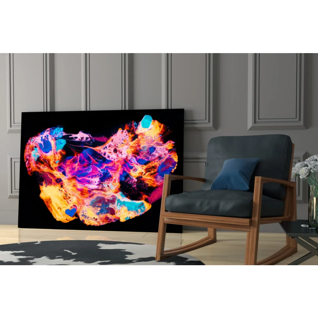 Vibrant Samsung QLED 8K TV in neon skull glass wall art