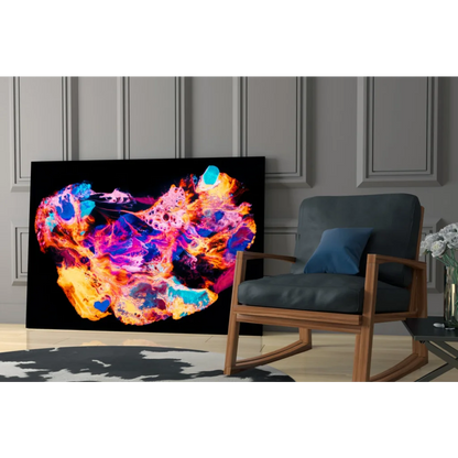 Vibrant Samsung QLED 8K TV in neon skull glass wall art
