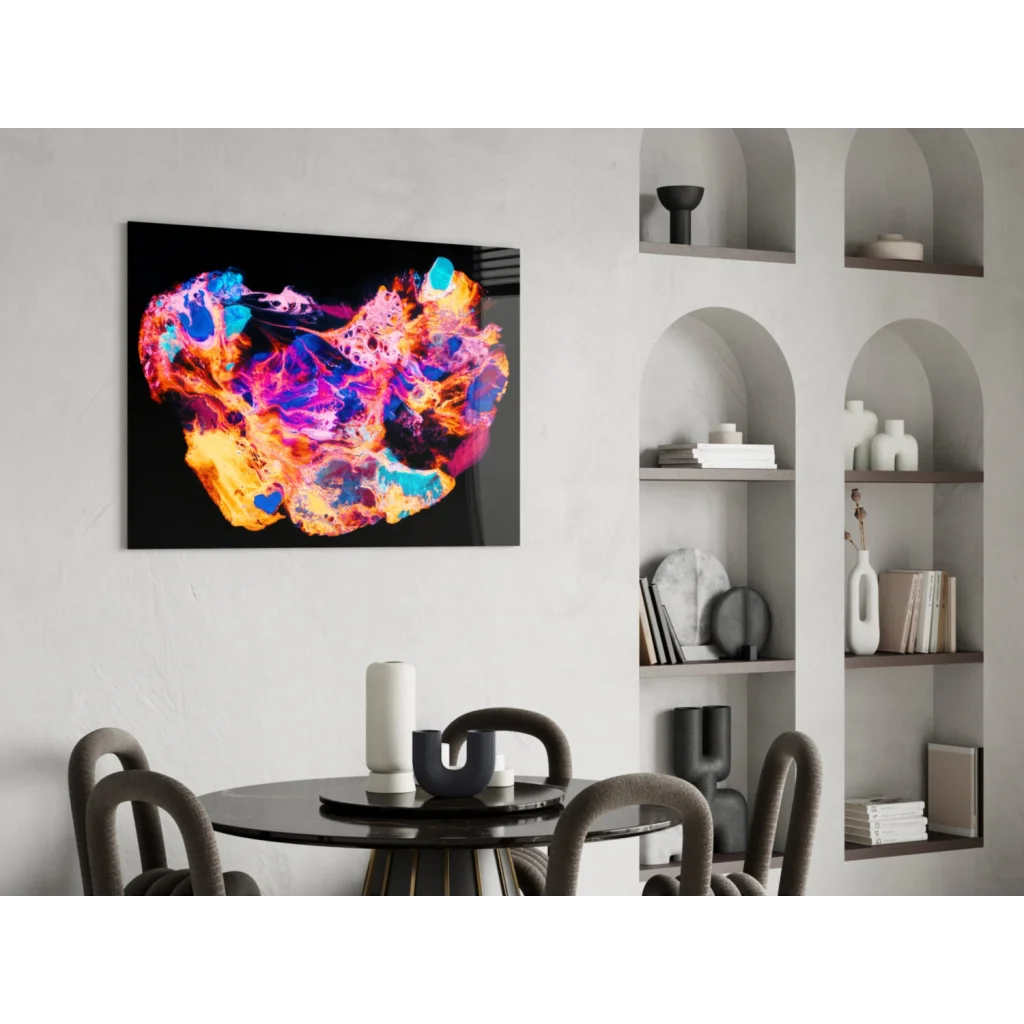 Vibrant neon skull abstract wall art on black canvas with fiery colors