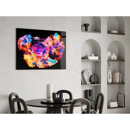 Vibrant neon skull abstract wall art on black canvas with fiery colors