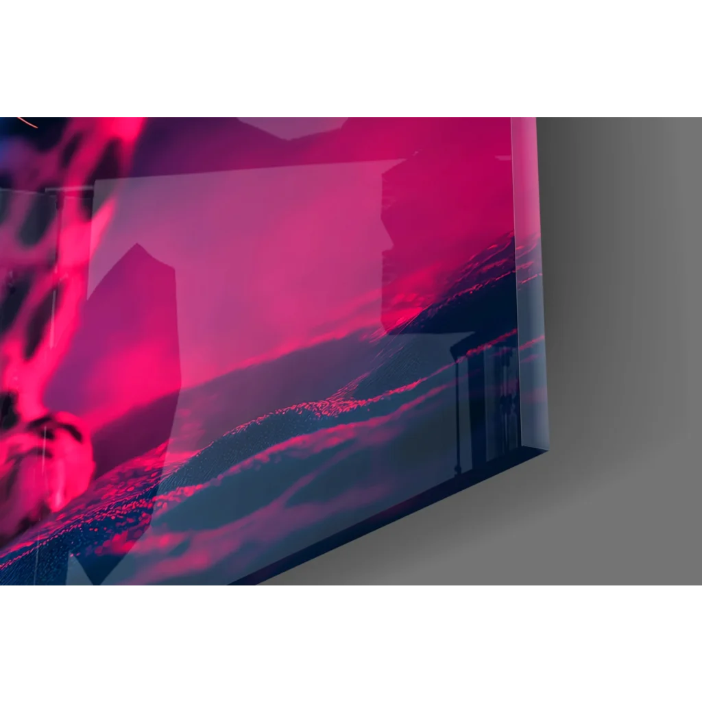 Vibrant Samsung QLED TV with pink purple hues in Neon Skull Leopard glass wall art