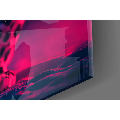 Vibrant Samsung QLED TV with pink purple hues in Neon Skull Leopard glass wall art