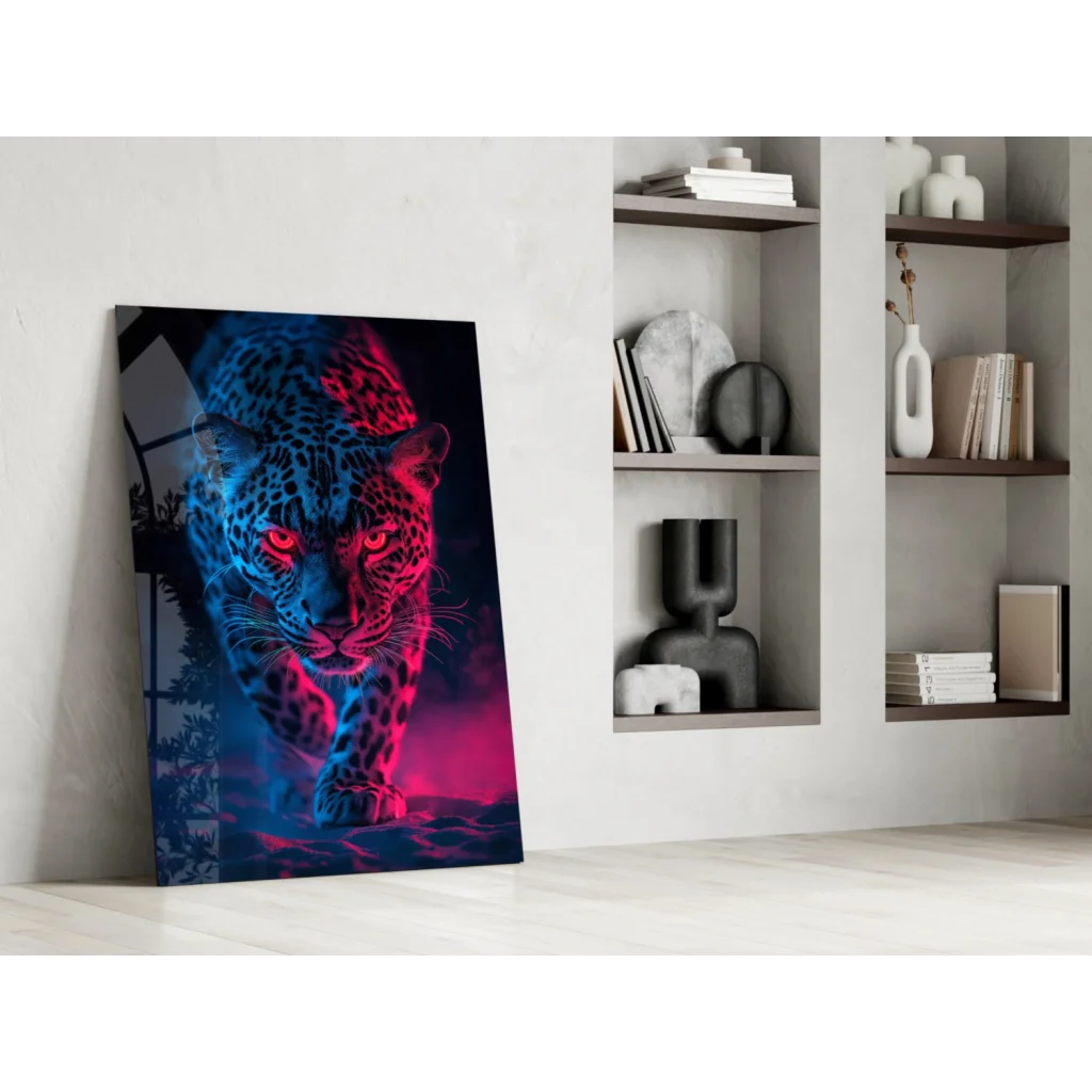 Vibrant neon skull leopard glass wall art print