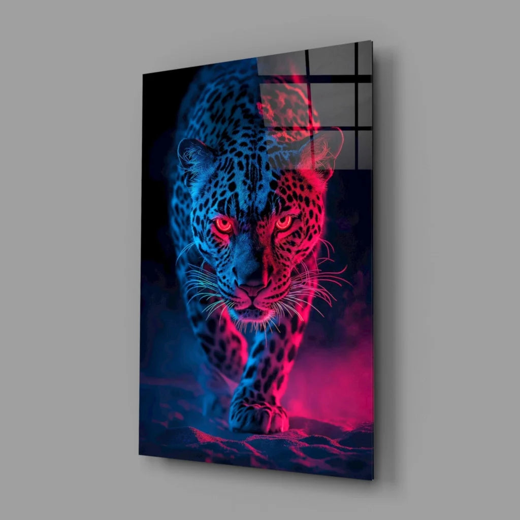 Vibrant neon skull leopard glass wall art print on metal