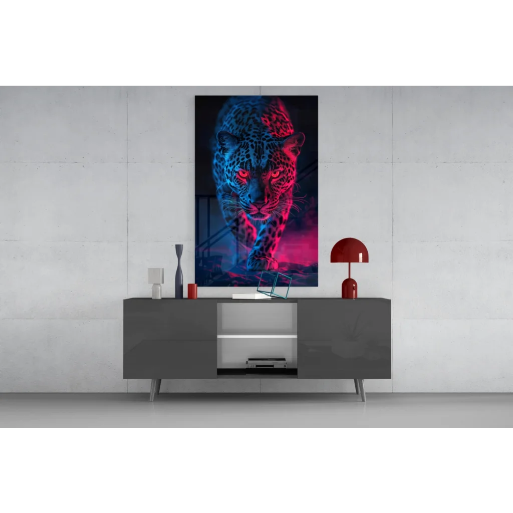 Vibrant blue and red neon skull leopard glass wall art in black frame