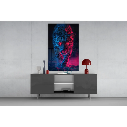 Vibrant blue and red neon skull leopard glass wall art in black frame