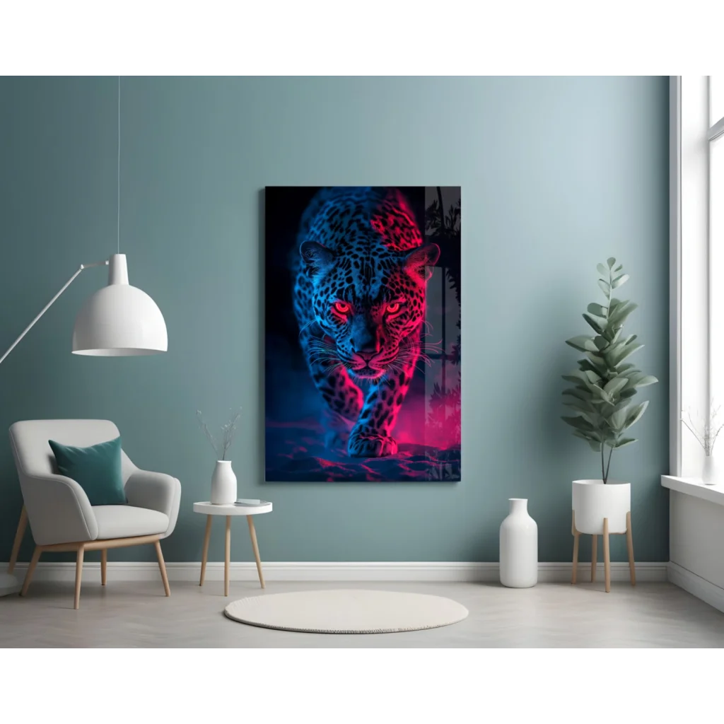 Vibrant neon skull leopard glass wall art with abstract face