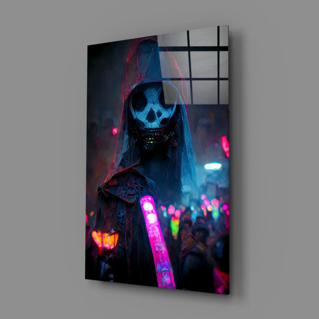Glowing neon skull reaper glass wall art with cyberpunk vibes
