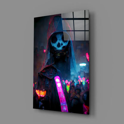 Glowing neon skull reaper glass wall art with cyberpunk vibes