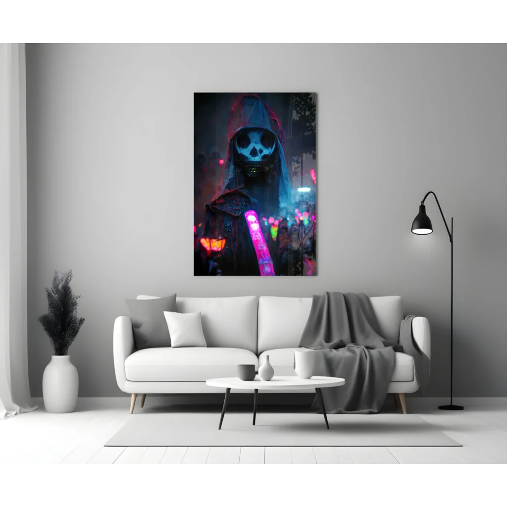 Glowing Neon Skull Reaper glass wall art with cyberpunk vibes