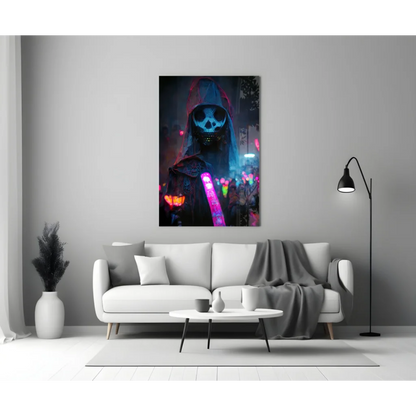Glowing Neon Skull Reaper glass wall art with cyberpunk vibes