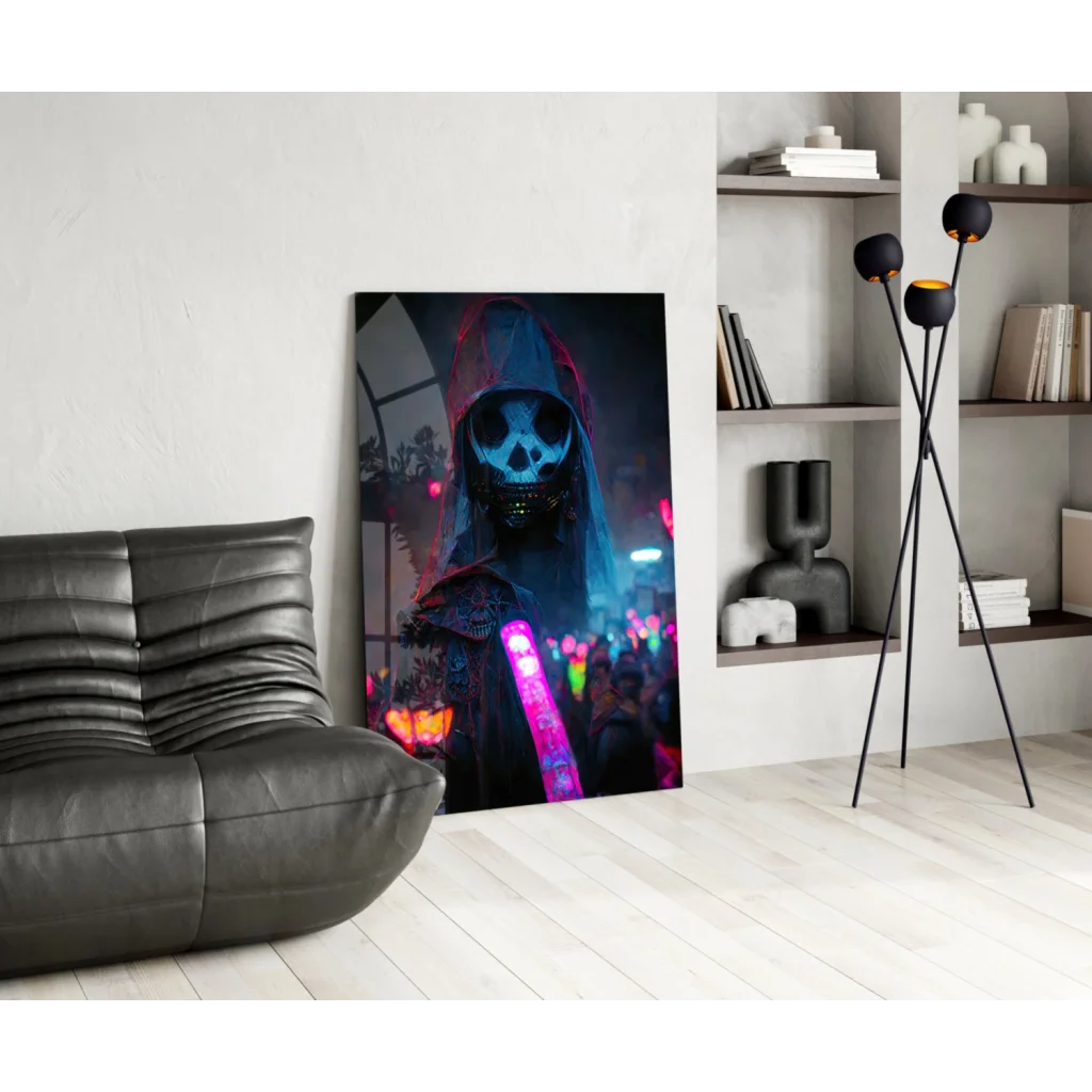 Glowing neon skull reaper glass wall art in cyberpunk vibes