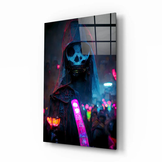 Glowing neon skull reaper glass wall art with cyberpunk vibes