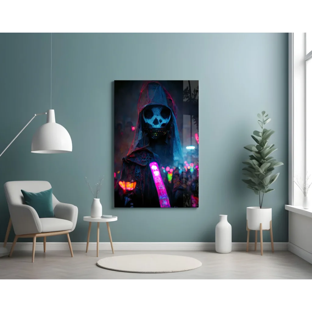 Glowing neon skull reaper glass wall art with cyberpunk vibes