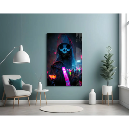 Glowing neon skull reaper glass wall art with cyberpunk vibes