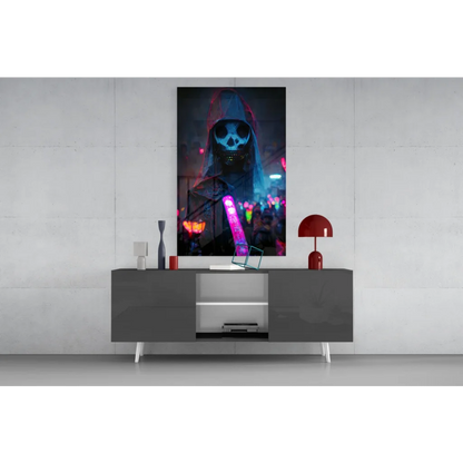 Glowing hooded skeletal figure with neon pink glow stick on cyberpunk glass wall art