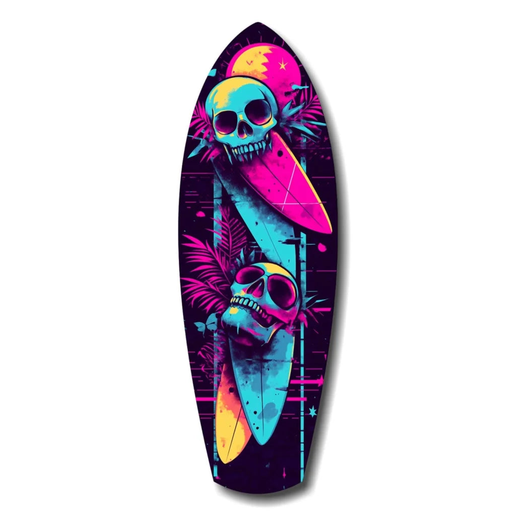 Vibrant neon skull surfboard tempered glass art with size comparison