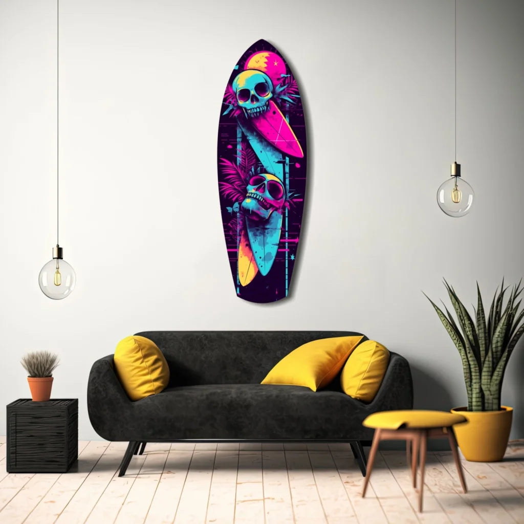 Neon skull surfboard tempered glass art with size comparison