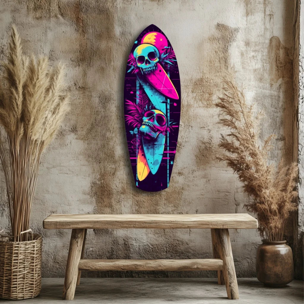 Neon skull surfboard tempered glass art with size comparison