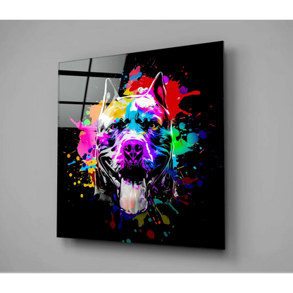 Vibrant neon splash dog glass wall art in rainbow colors