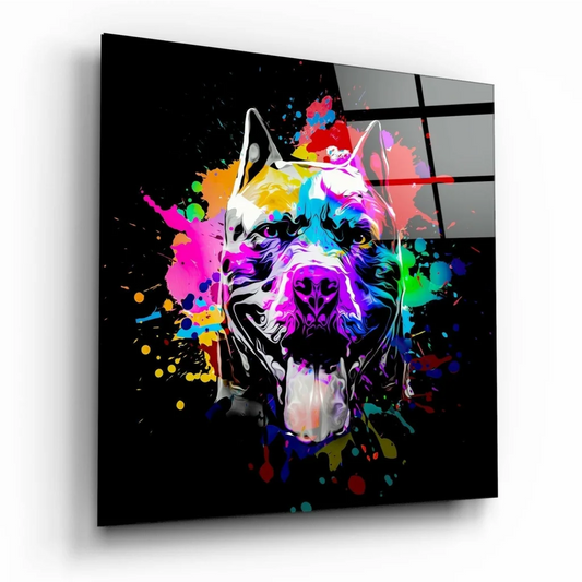 Vibrant abstract dog glass wall art with neon pink blue yellow green splashes