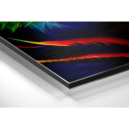 Vibrant abstract brushed aluminium dibond art with bold red, orange, green streaks on deep blue