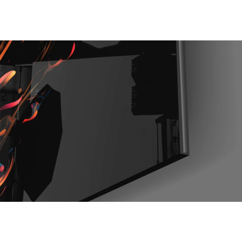 27-inch LG OLED TV displaying Neon Tiger Glass Wall Art with vibrant red and orange swirls on black canvas