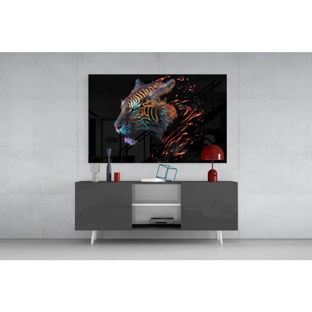 Vibrant neon tiger 4K QLED on glass wall art black canvas