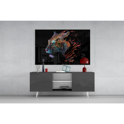 Vibrant neon tiger 4K QLED on glass wall art black canvas