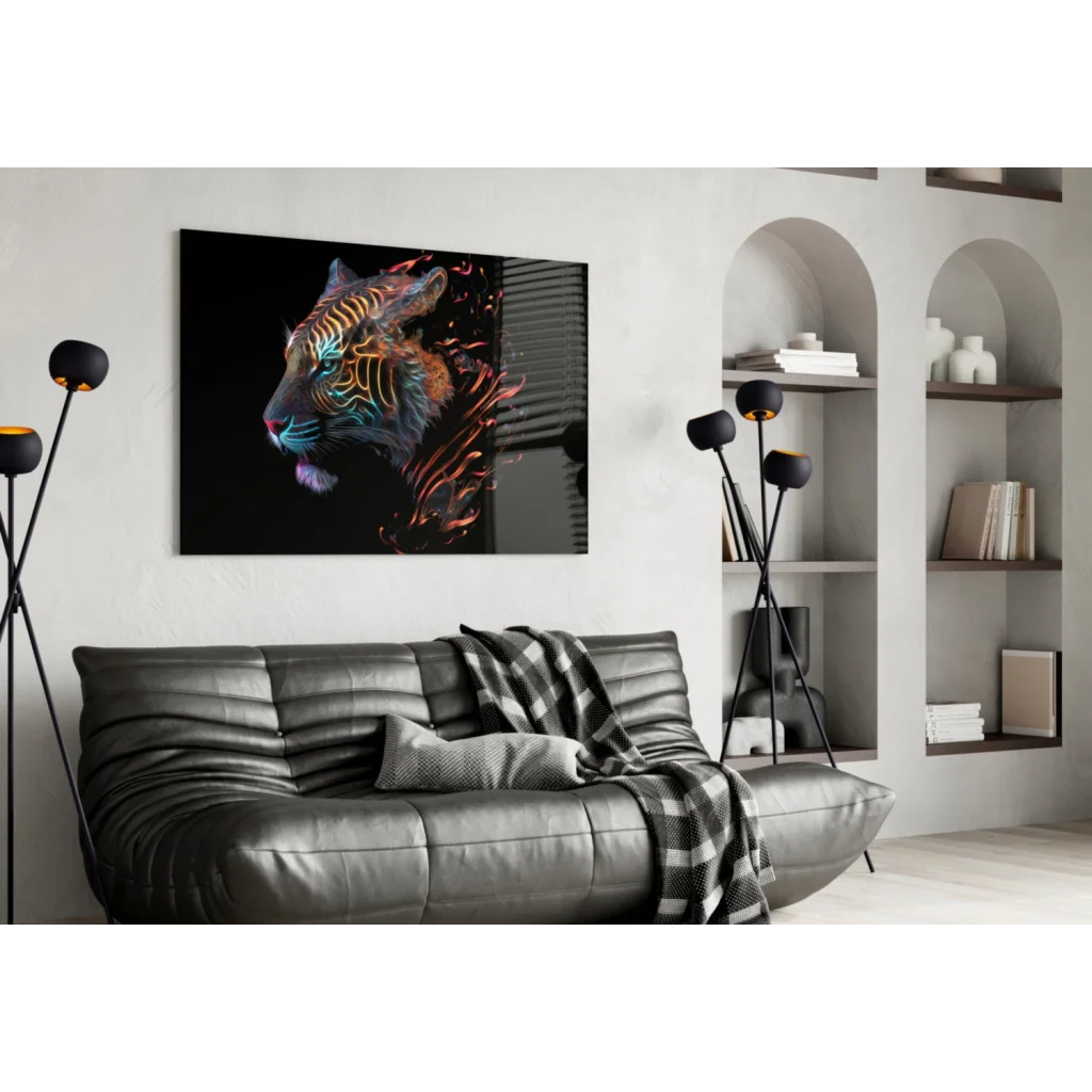 Glowing Neon Tiger glass wall art on black canvas over black leather couch with plaid throw
