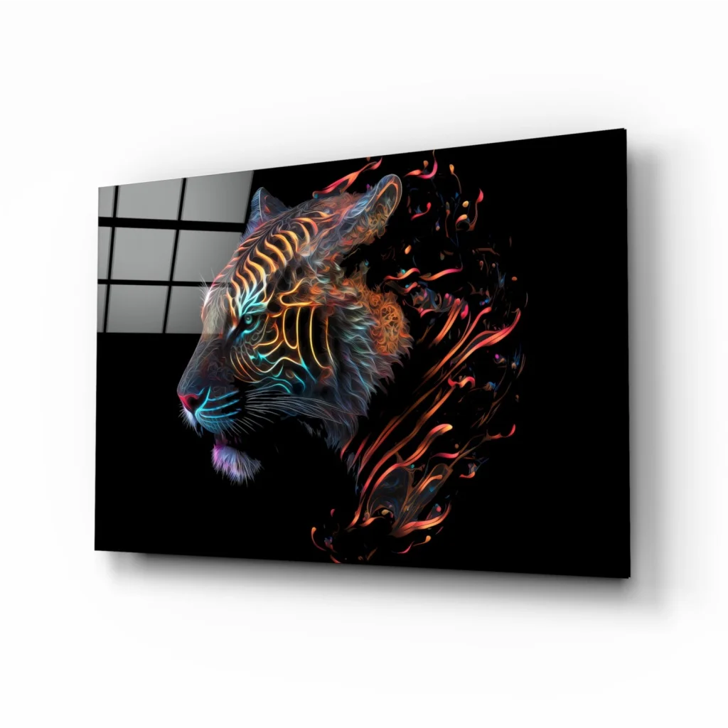 Glowing neon tiger head glass wall art on black canvas