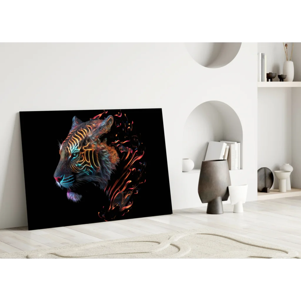 Glowing Neon Tiger Glass Wall Art on Black Canvas