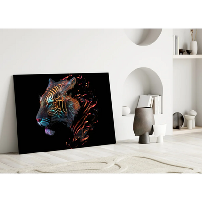 Glowing Neon Tiger Glass Wall Art on Black Canvas