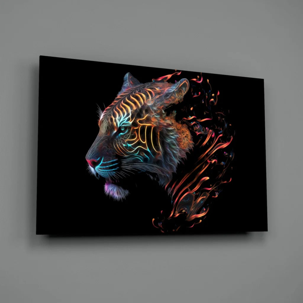 Glowing Neon Tiger Glass Wall Art on Black Canvas