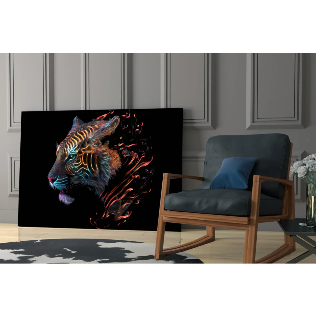 Glowing Neon Tiger glass wall art on black canvas