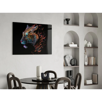 Neon tiger glass wall art glowing on black canvas print