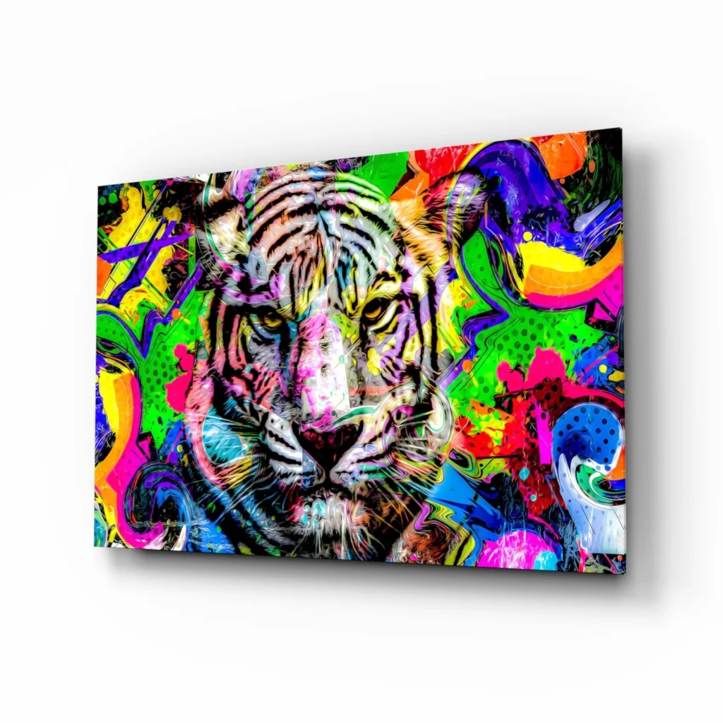 Vibrant Neon Tiger Graffiti Pop Art Canvas Wall Art with multicolored stripes