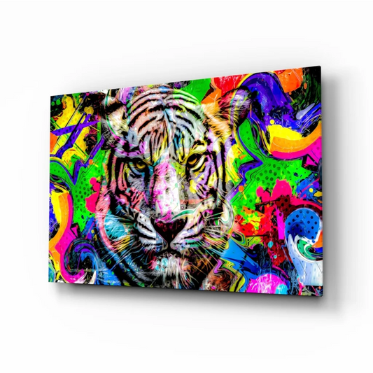 Vibrant Neon Tiger Graffiti Pop Art Canvas Wall Art with multicolored stripes