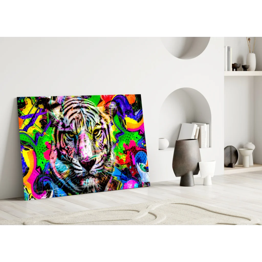 Vibrant neon tiger graffiti pop art canvas wall art print