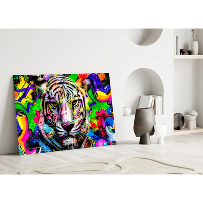 Vibrant neon tiger graffiti pop art canvas wall art print