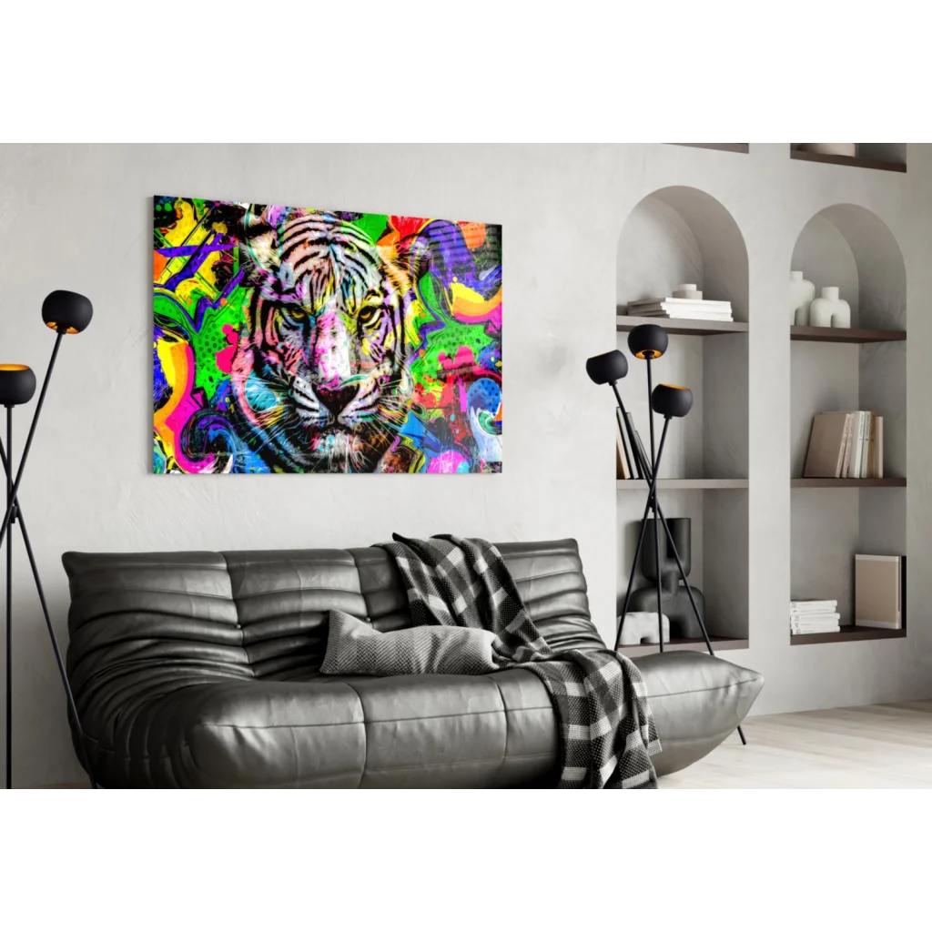 Vibrant neon tiger graffiti pop art canvas wall art on white wall