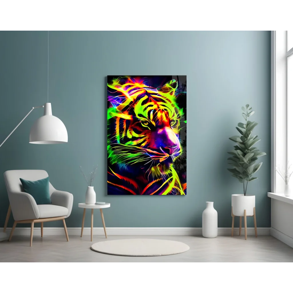 Vibrant neon tiger glowing canvas wall art print with green, yellow, purple stripes